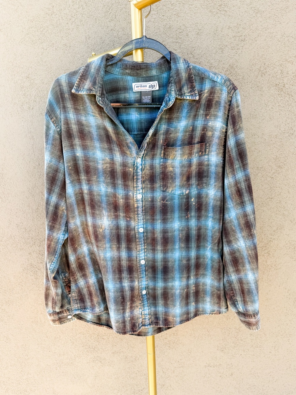 Y2K Blue Brown Plaid Flannel Distressed Bleach Grunge Button Collar Fall Shirt